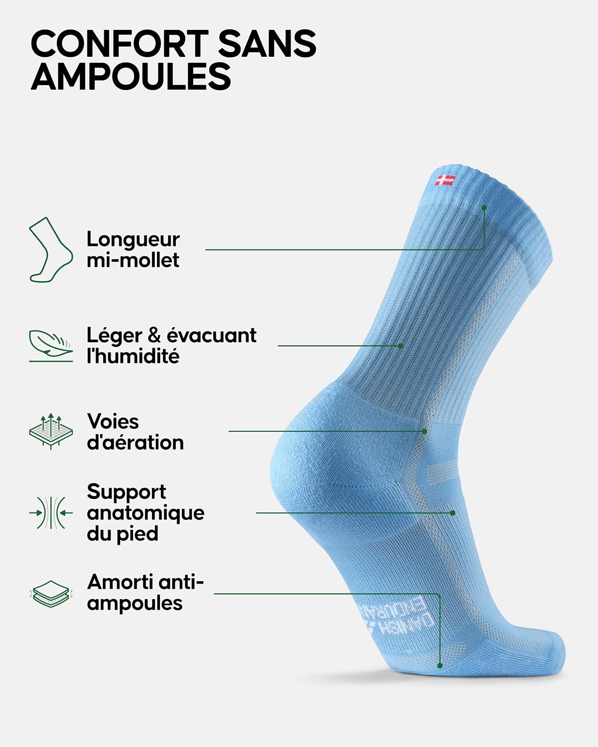 Detalle de DANISH ENDURANCE Chaussettes hautes de running longue distance (lot 3 ou 5) pour homme et femme