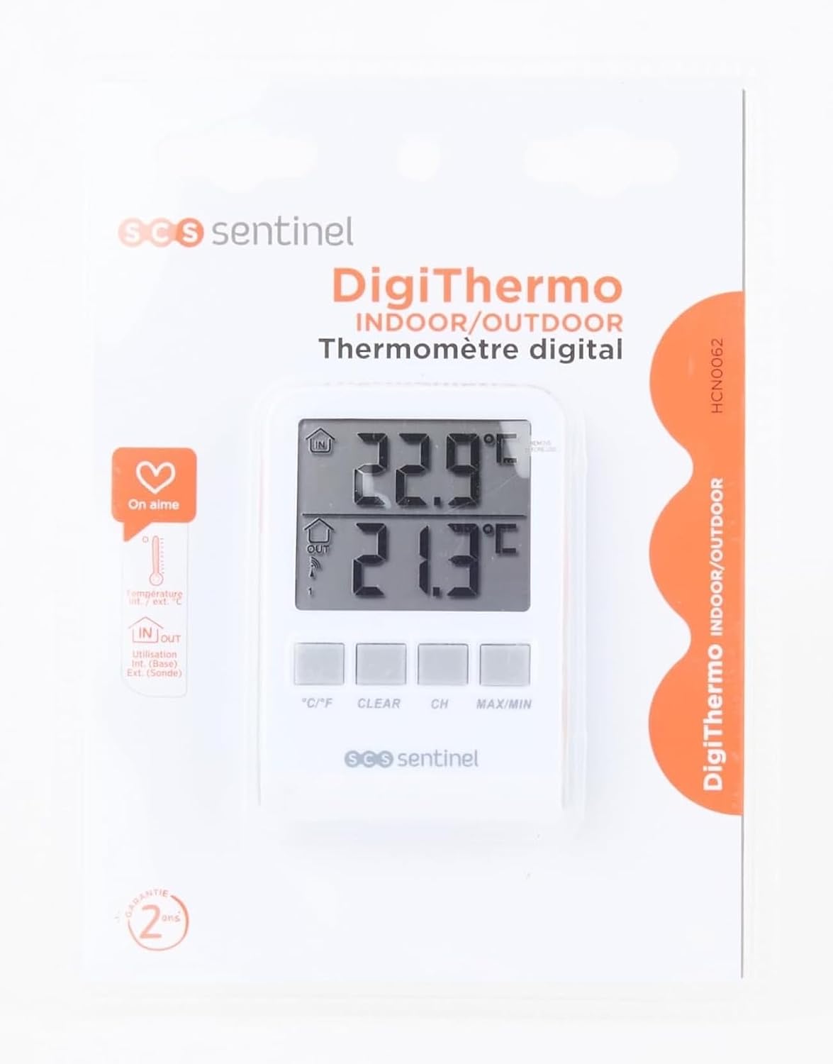Detalle 2 de SCS Sentinel DigiThermo HCN0062 : thermomètre digital intérieur/extérieur avec portée 60 m et double affichage