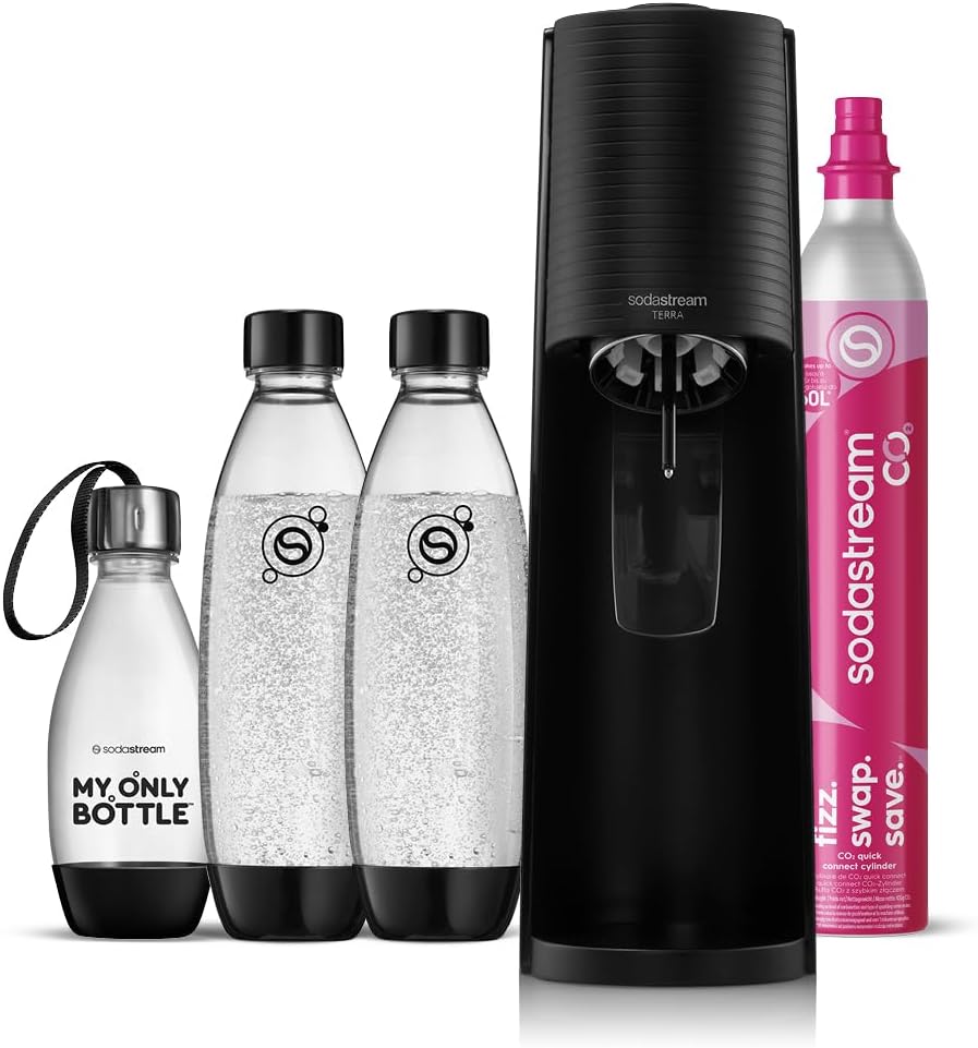Detalle de Sodastream Terra – Machine à eau pétillante avec CO₂ Quick Connect, 60L, deux bouteilles incluses (1L et 0,5L), sans BPA, noir