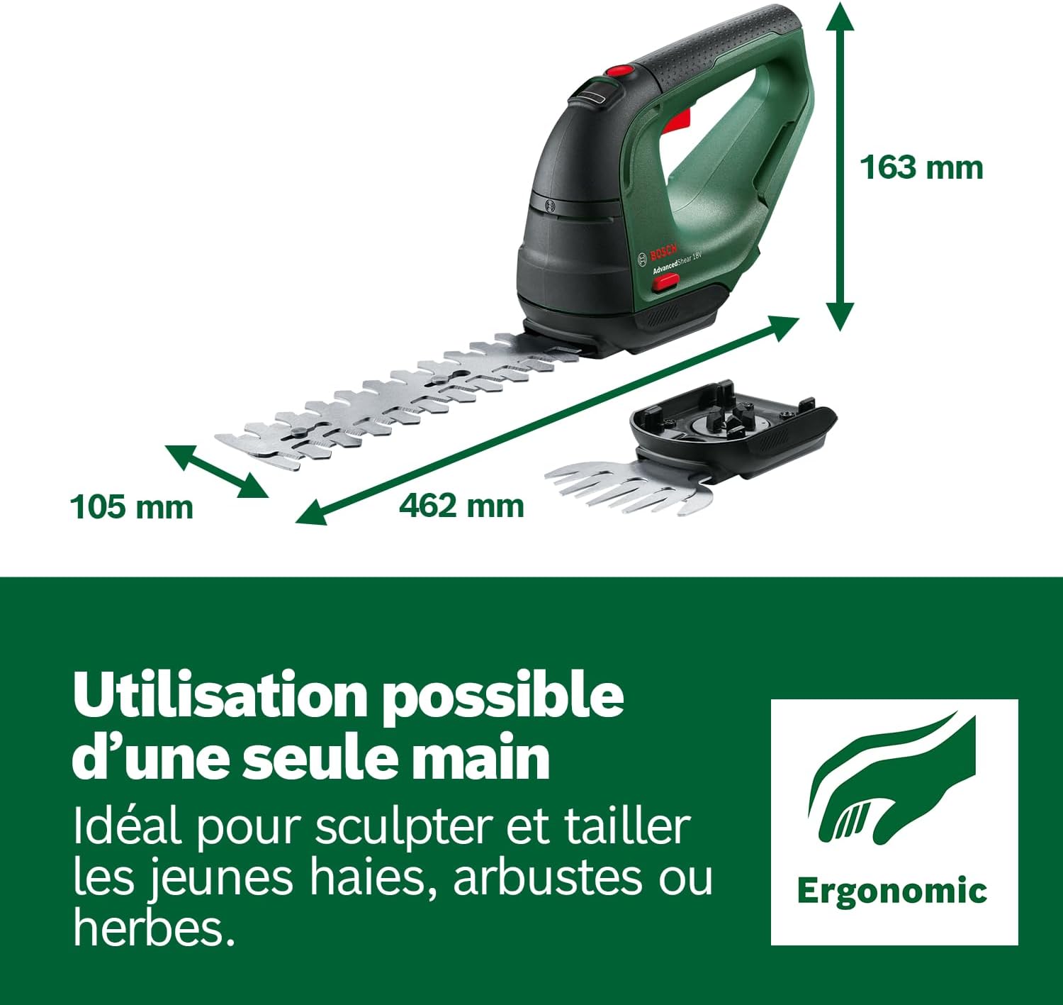 Detalle de Bosch AdvancedShear 18V-10 (sans fil) : cisaille à gazon et taille-haies pour jusqu’à 85 m² par charge