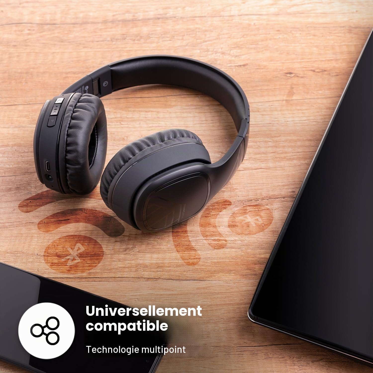 Detalle de PowerLocus Casque Bluetooth sans Fil – 60 Heures d’autonomie, micro, pliable et confort sur l’oreille