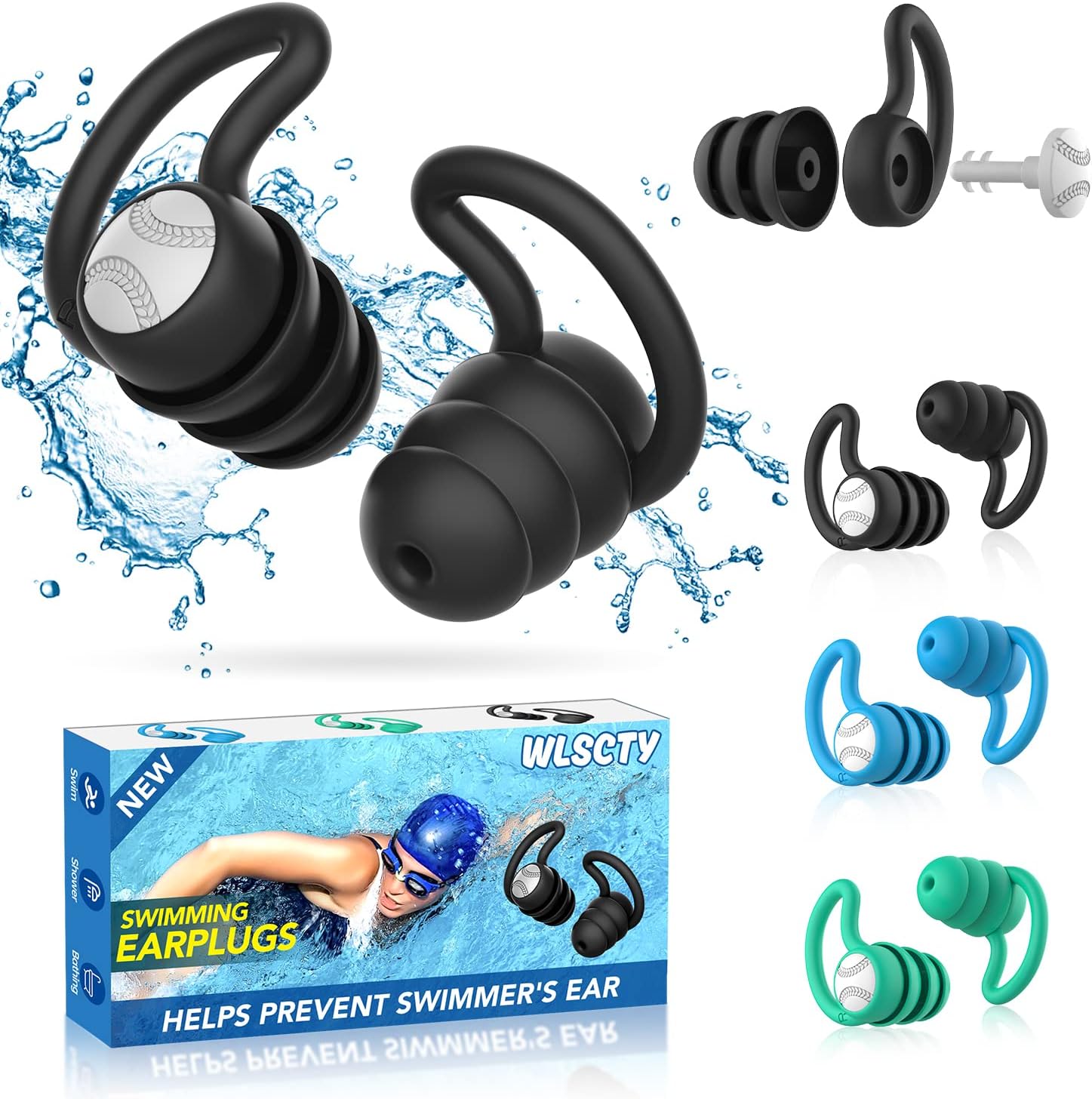 Detalle de Lot de 3 paires de bouchons d’oreille WLSCTY en silicone souple (noir, bleu, vert) pour natation, douche et surf