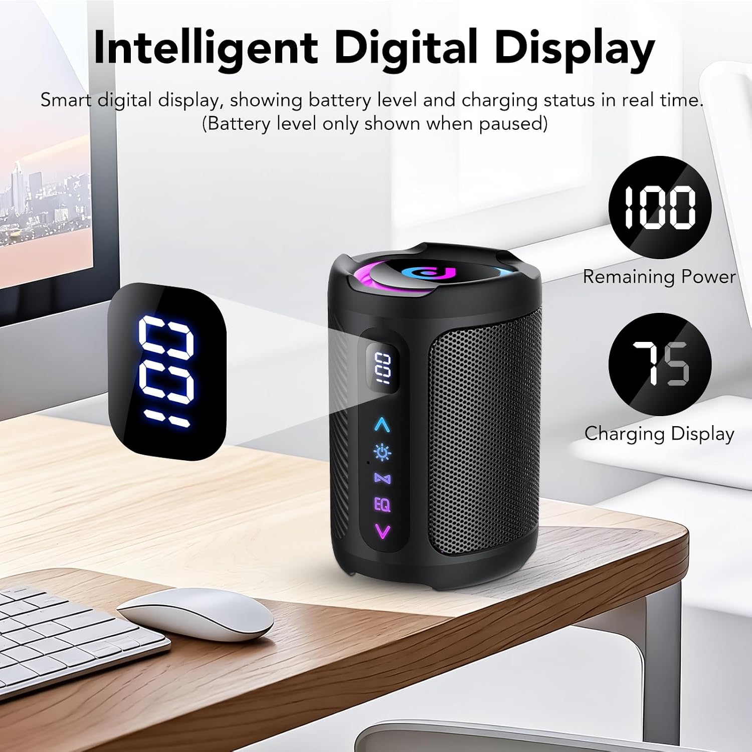 Detalle de aowoka Enceinte Bluetooth portable étanche IPX7 avec écran et éclairage LED RGB