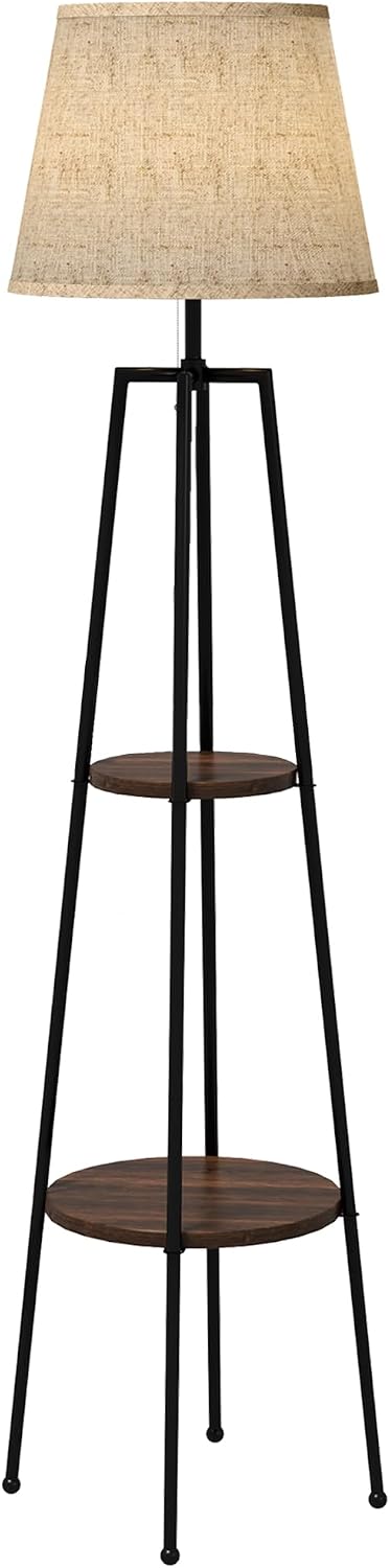 Detalle de HOMCOM Lampadaire sur pied avec 2 étagères – design moderne, abat-jour tissu, noir marron
