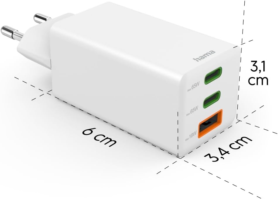 Detalle de Hama chargeur rapide 65W GaN (PD + QC 3.0) à 3 ports pour iPhone, Samsung et MacBook – Blanc