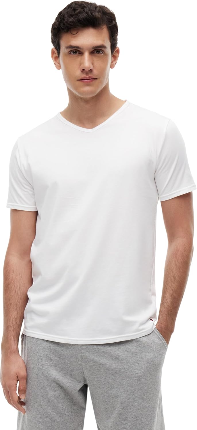 Detalle de Tommy Hilfiger 2S87903767 – T-Shirt Uni Col V, Manches Courtes, Lot de 3 pour Homme