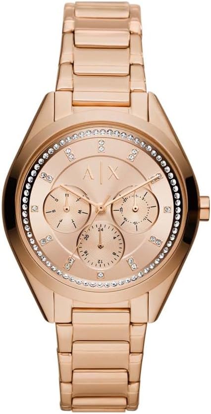 Detalle de Montre Armani Exchange pour femmes — élégance rosée et mouvement quartz multifonction