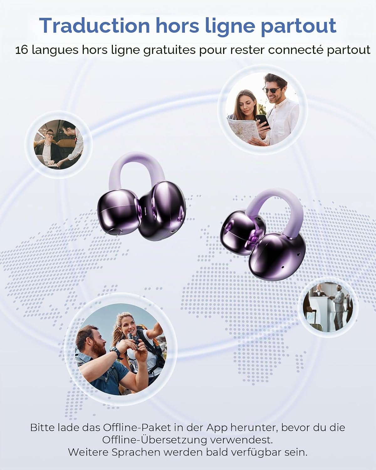 Detalle de kentfaith AI Écouteur Traducteur Instantané 150 Langues — Clip d’Oreille, Étui avec Écran Tactile et Bluetooth 6.0 (Violet)