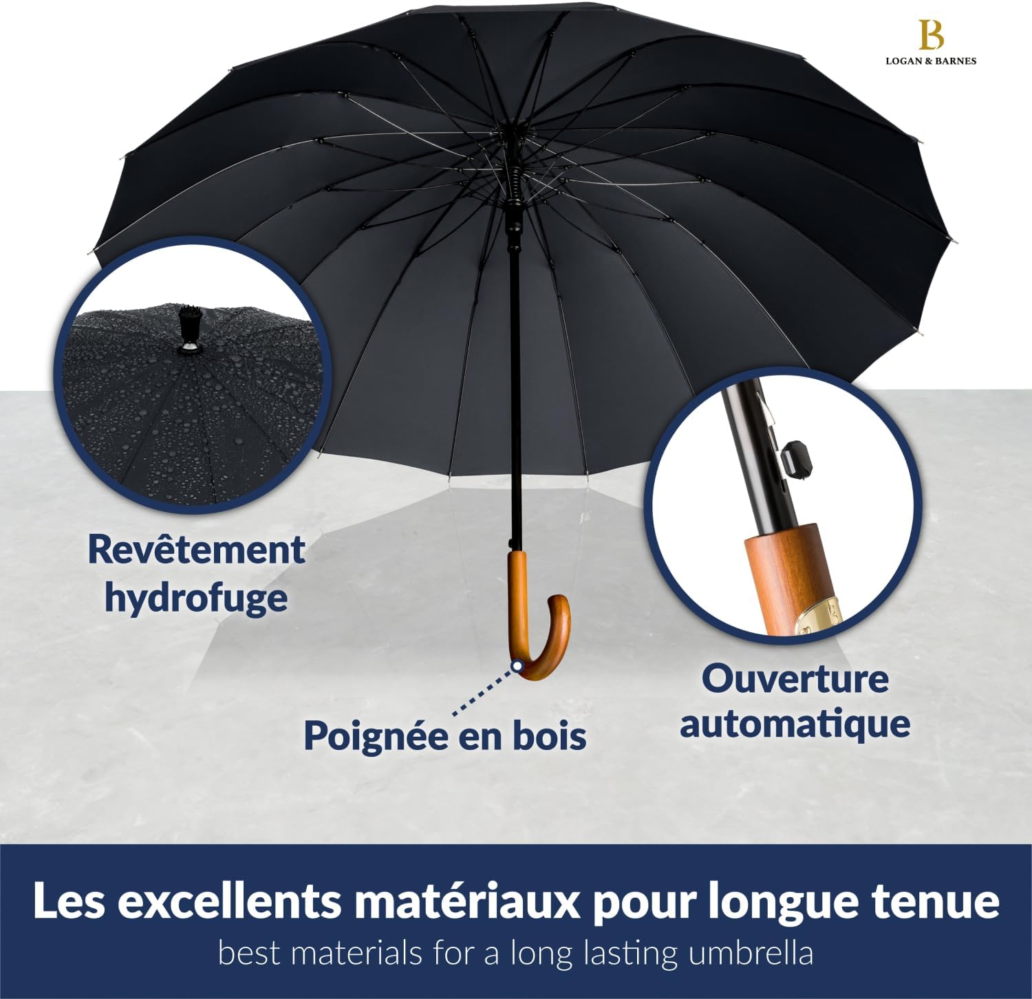 Detalle 2 de LOGAN & BARNES Parapluie résistant à la tempête Ø120cm – Grand parapluie XXL EDINBURGH, 16 baleines