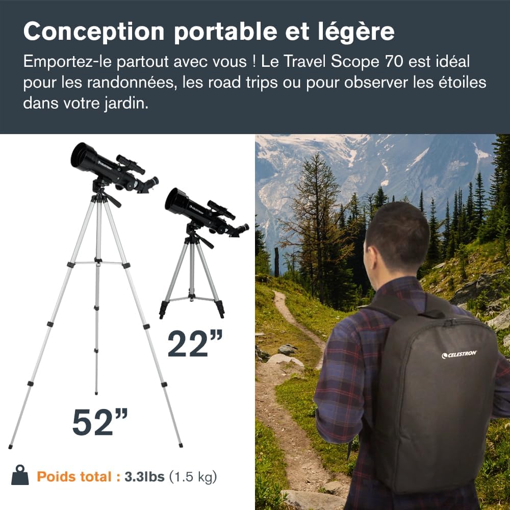 Detalle de Celestron Travel Scope 70 (21035) — kit télescope réfracteur portable avec sac à dos