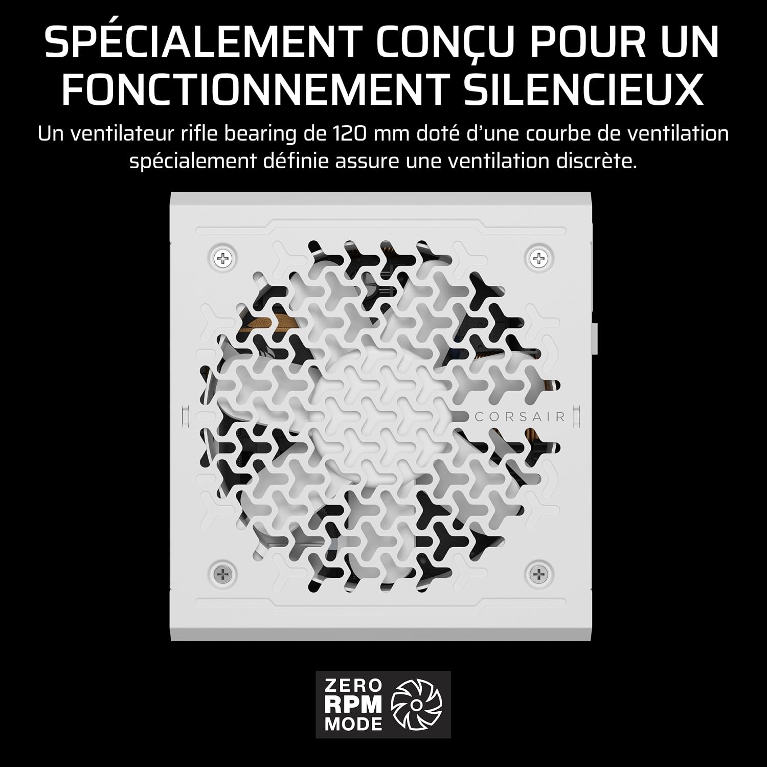 Detalle de Corsair RM850e (2025) : alimentation ATX 850 W entièrement modulaire, silencieuse et certifiée ATX 3.1/PCIe 5.1 (blanc)