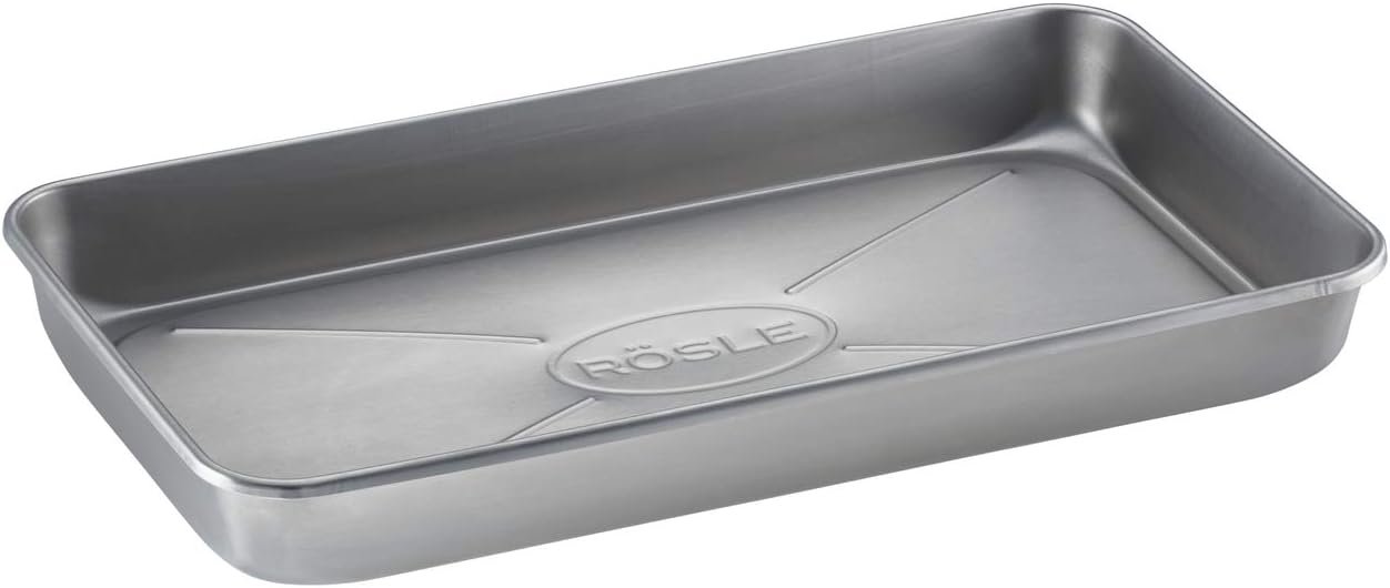 Detalle de RÖSLE Barquette Barbecue Universelle Professionnelle en Acier Inox 18/10 – Barquette 41 × 22 cm, 3 L, rebord haut