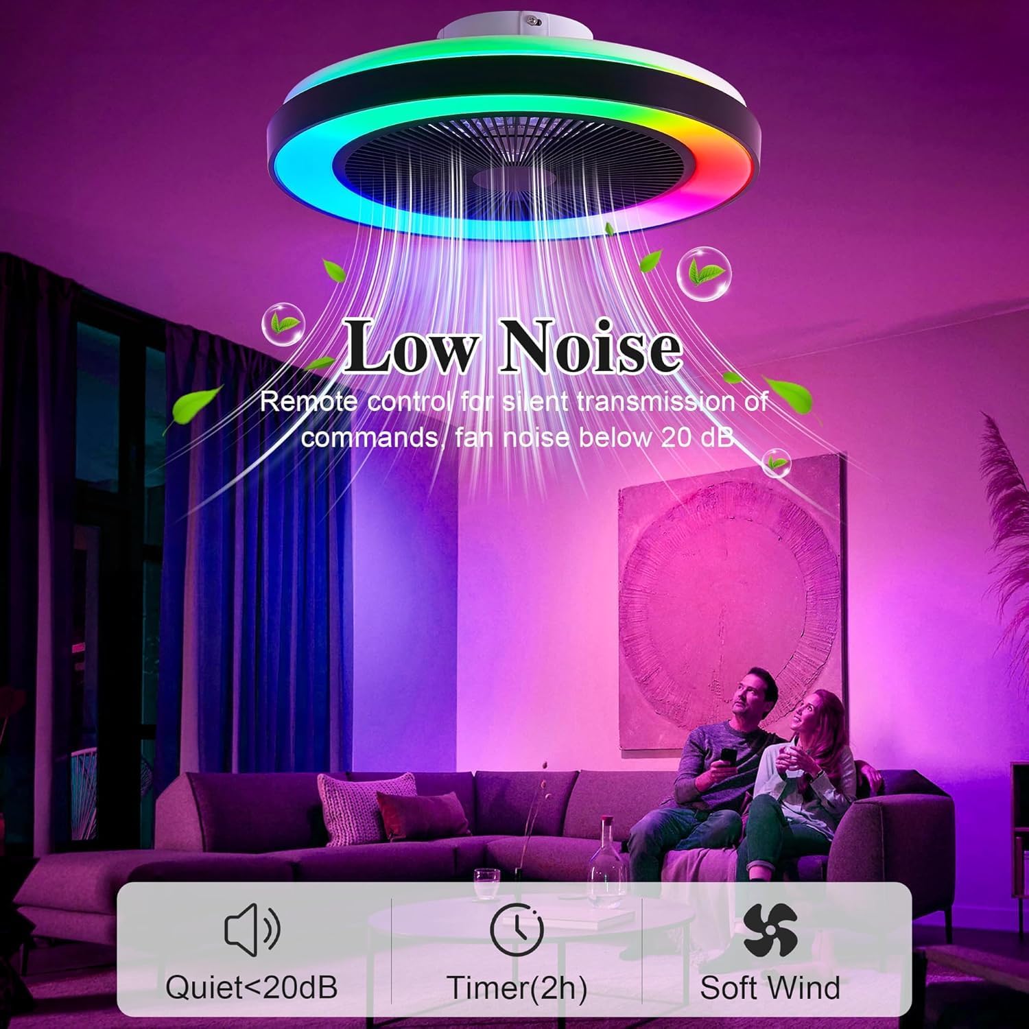 Detalle 2 de EKDADL Ventilateur de plafond RGB avec lumière intégrée et télécommande – silencieux, 3 vitesses