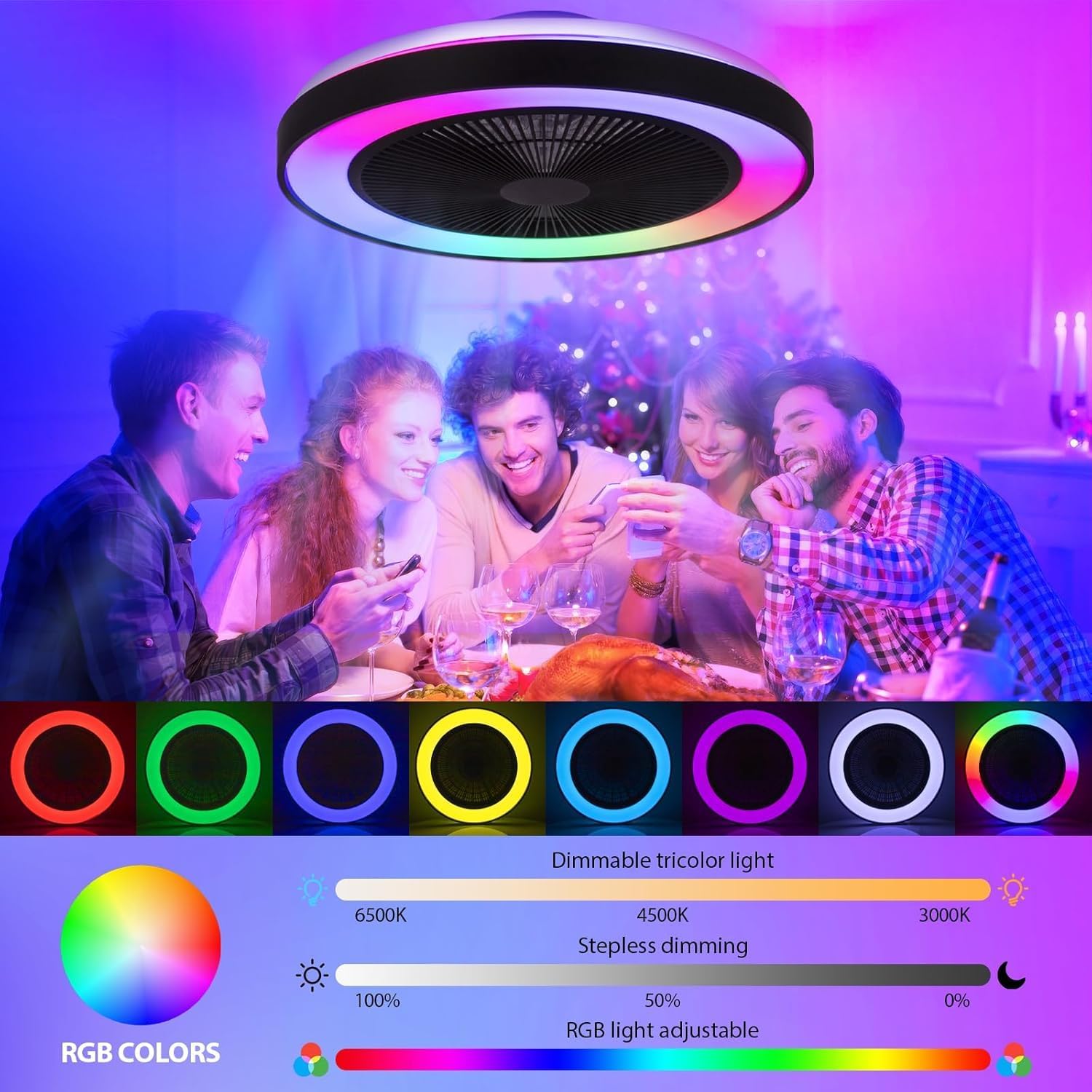 Detalle de EKDADL Ventilateur de plafond RGB avec lumière intégrée et télécommande – silencieux, 3 vitesses