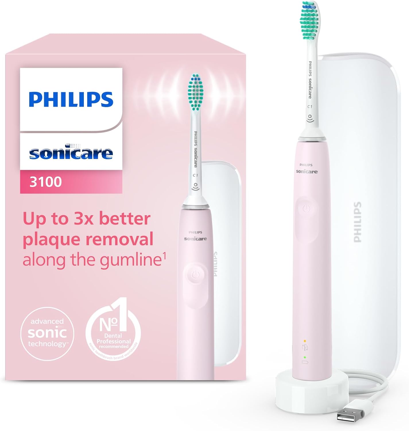 Detalle de Philips Sonicare 3100 HX3673/11 – Brosse à dents électrique sonic rose pastel avec capteur de pression et minuterie