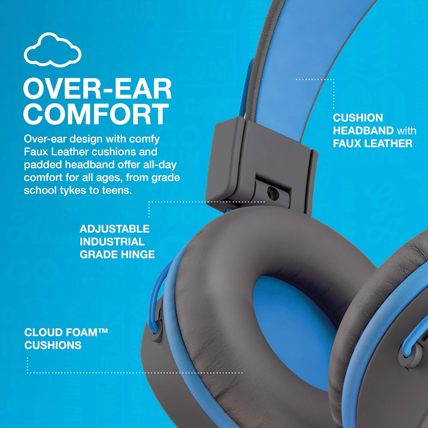 Detalle de JLab JBuddies Studio : casque audio enfant avec fil, limiteur de volume et micro (bleu)