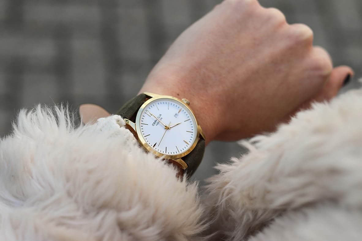 Detalle de Orphelia Fashion Montre Femme – Quartz – Analogique, Bracelet Cuir Daim Vert Doré