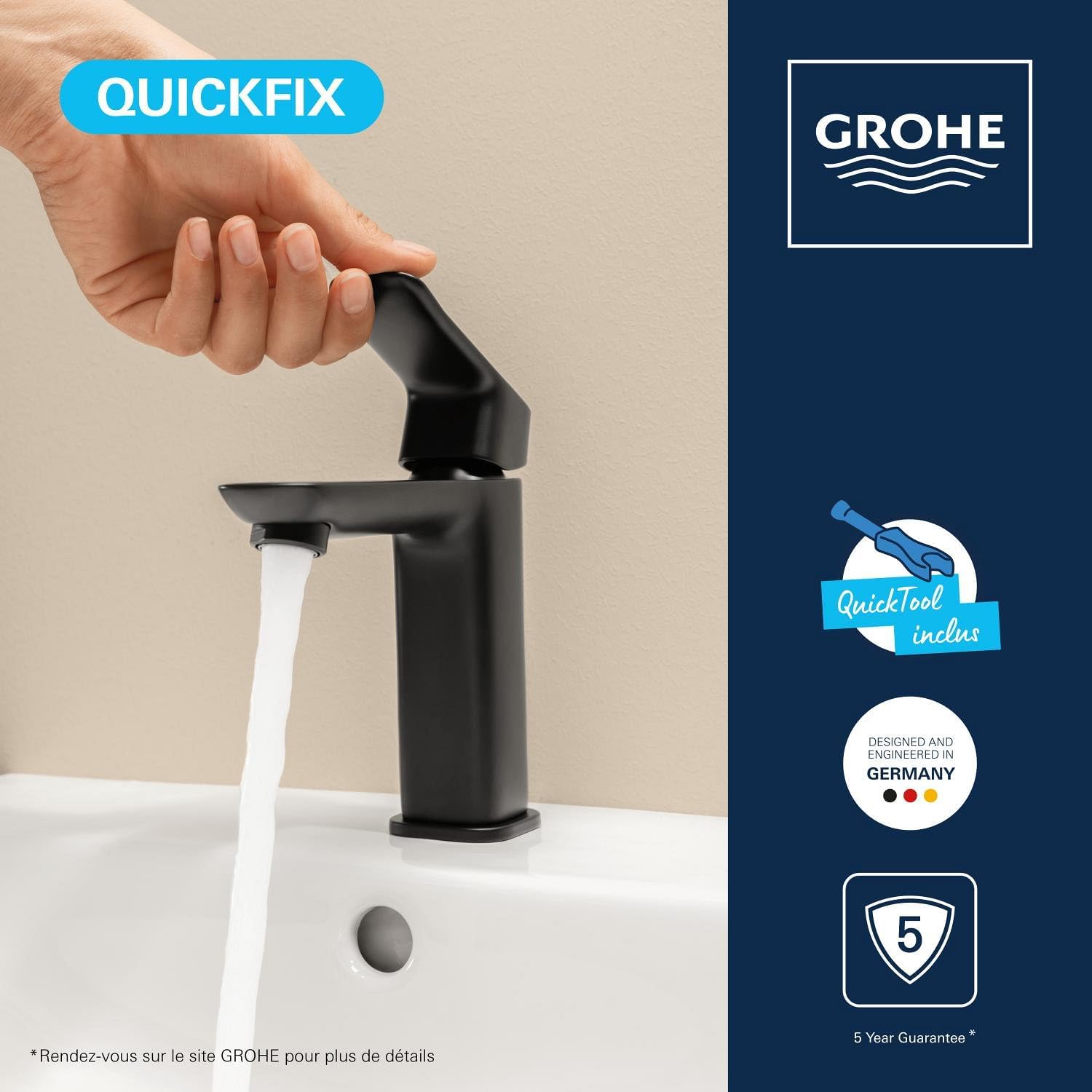 Detalle de GROHE Dice – Mitigeur Lavabo Monocommande Noir Mat, Taille M, avec QuickTool (1018332430)