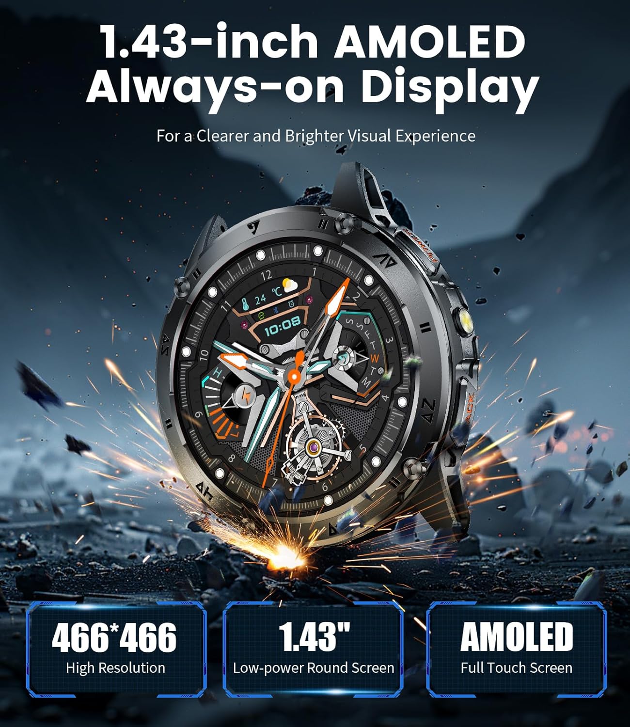Detalle de CHOOSETIME Montre Connectée Homme - Écran AMOLED 1,43", Appels Bluetooth, 110+ Modes Sportifs, Lampe Torche et Suivi Santé IP68