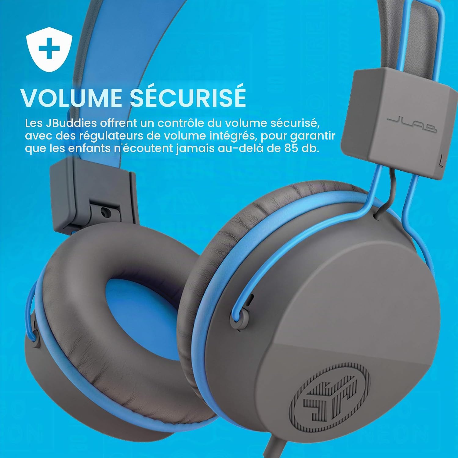 Detalle de JLab JBuddies Studio : casque audio enfant avec fil, limiteur de volume et micro (bleu)