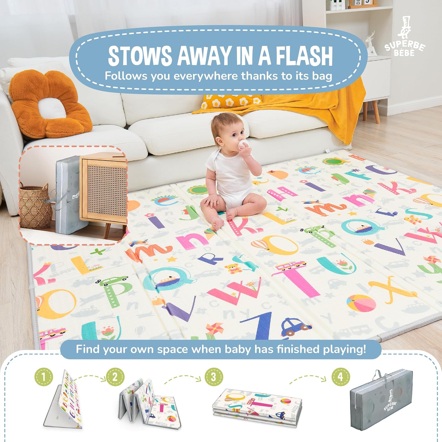 Detalle de Tapis d'éveil bébé SUPERBE BEBE pliable épais réversible 150x180 cm — jeu d'éveil XXL en mousse