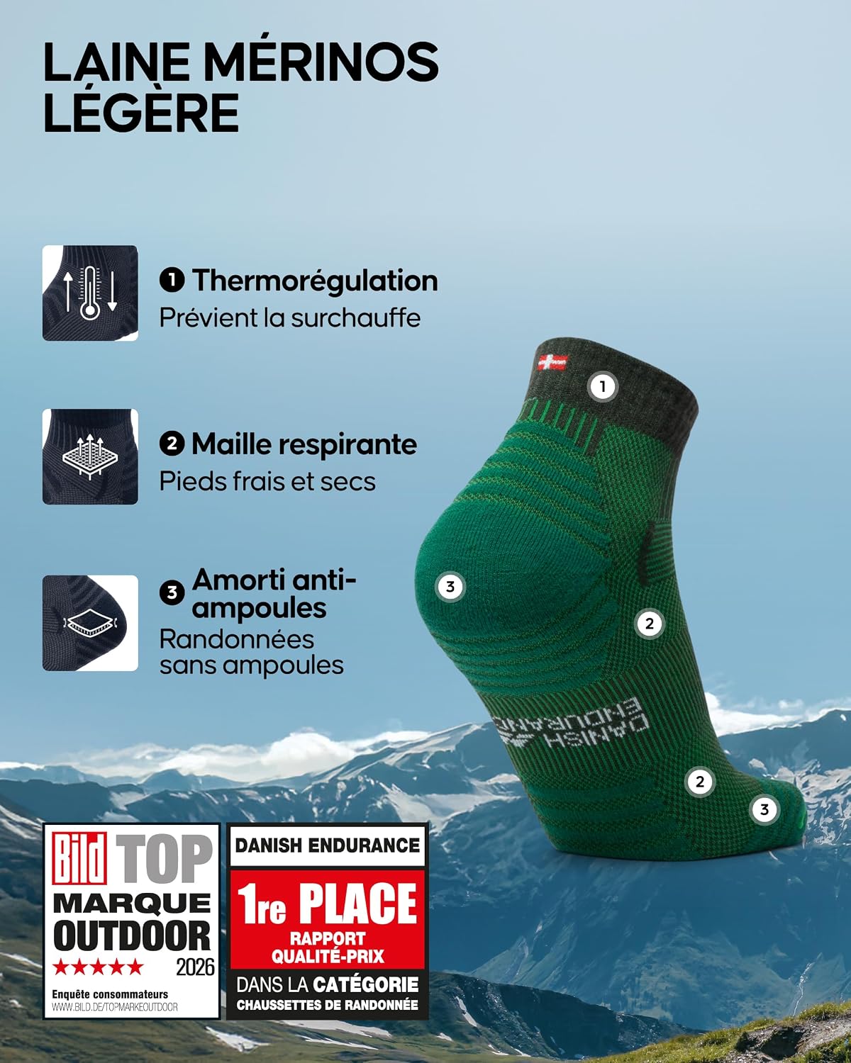 Detalle de DANISH ENDURANCE Chaussettes de Randonnée en Laine Mérinos Légères – Unisex, Lot de 3