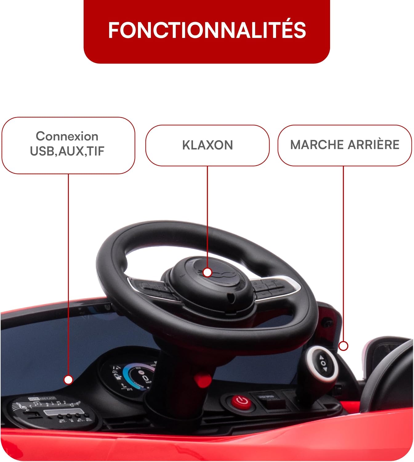 Detalle de Baroni Toys Fiat 500 Voiture Électrique 12V pour Enfant (Rouge) — Télécommande Parentale, Sons et Lumières