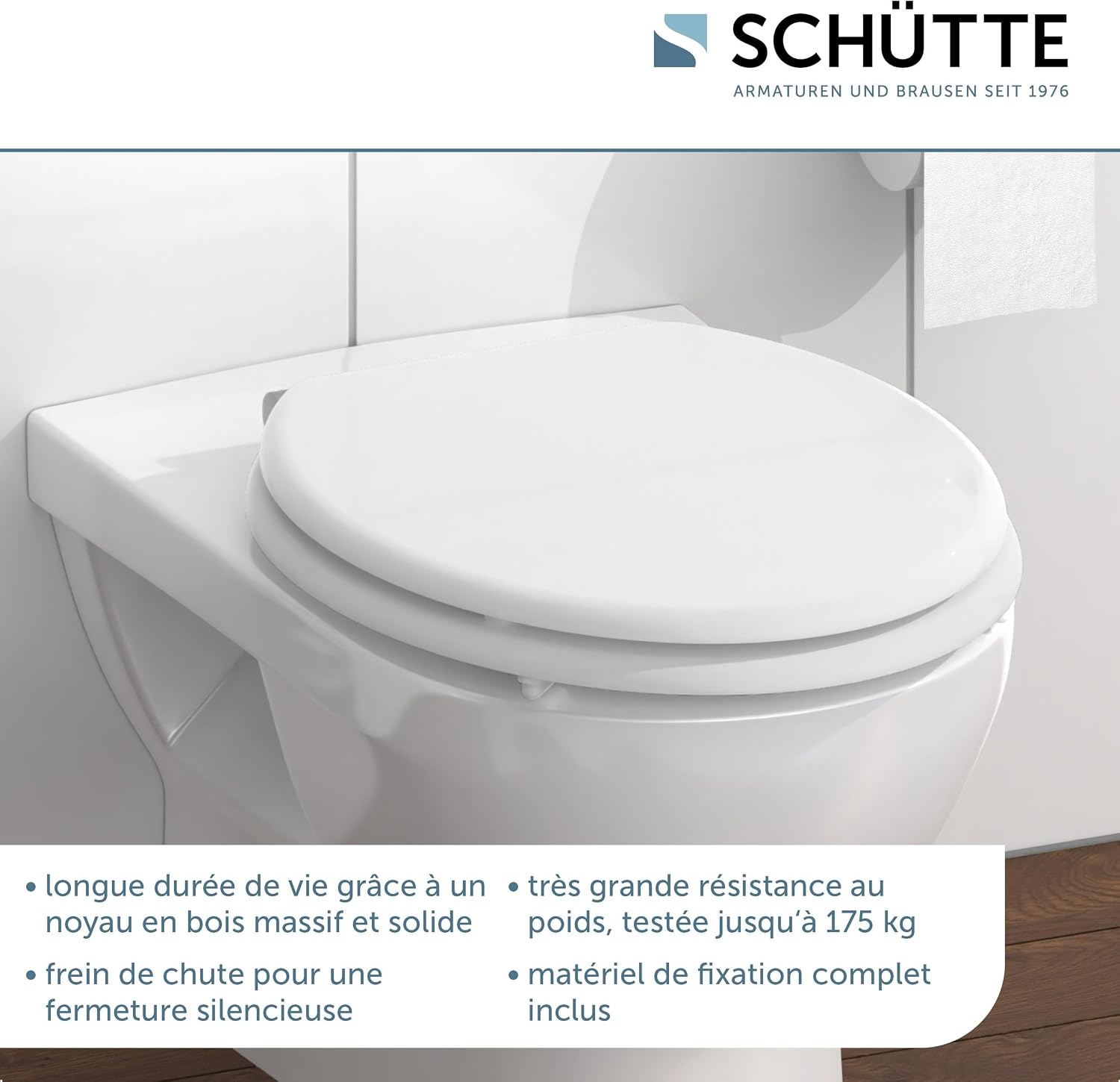 Detalle de SCHÜTTE Abattant WC avec frein de chute – bois compressé, résistance jusqu’à 150 kg, blanc