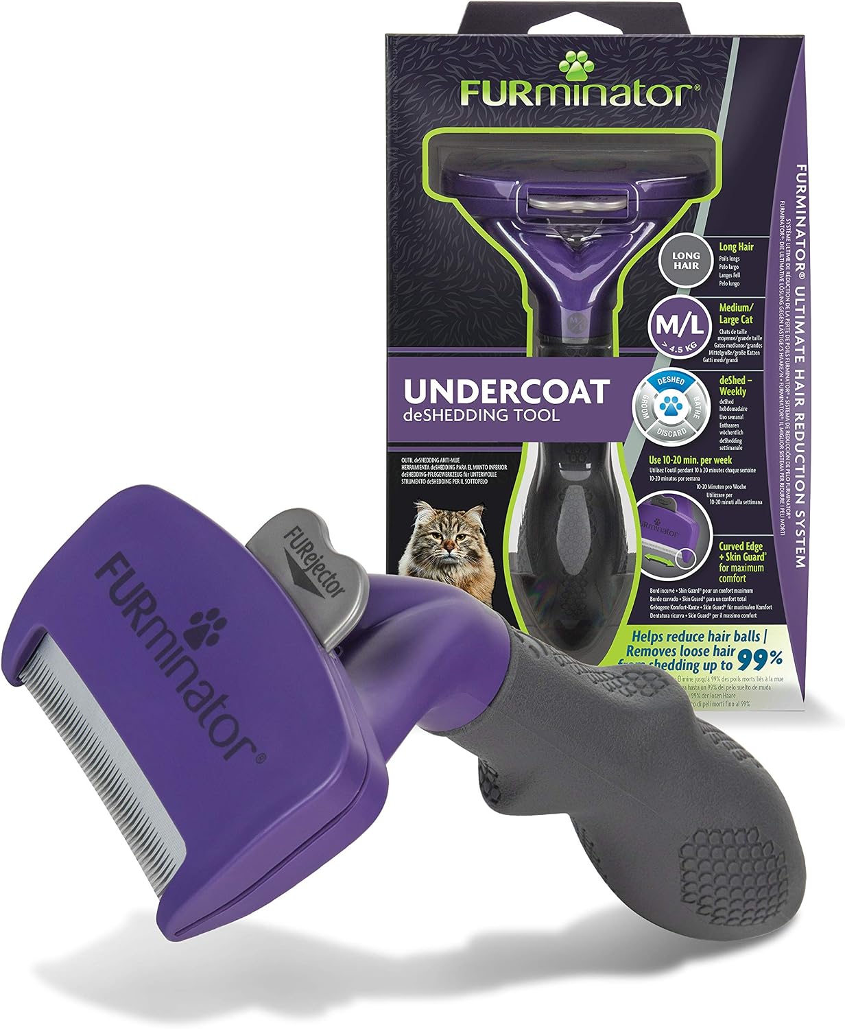 Detalle de FURminator Outil de toilettage pour chat grande taille à poils longs – poignée ergonomique, élimination du poil en 1 clic