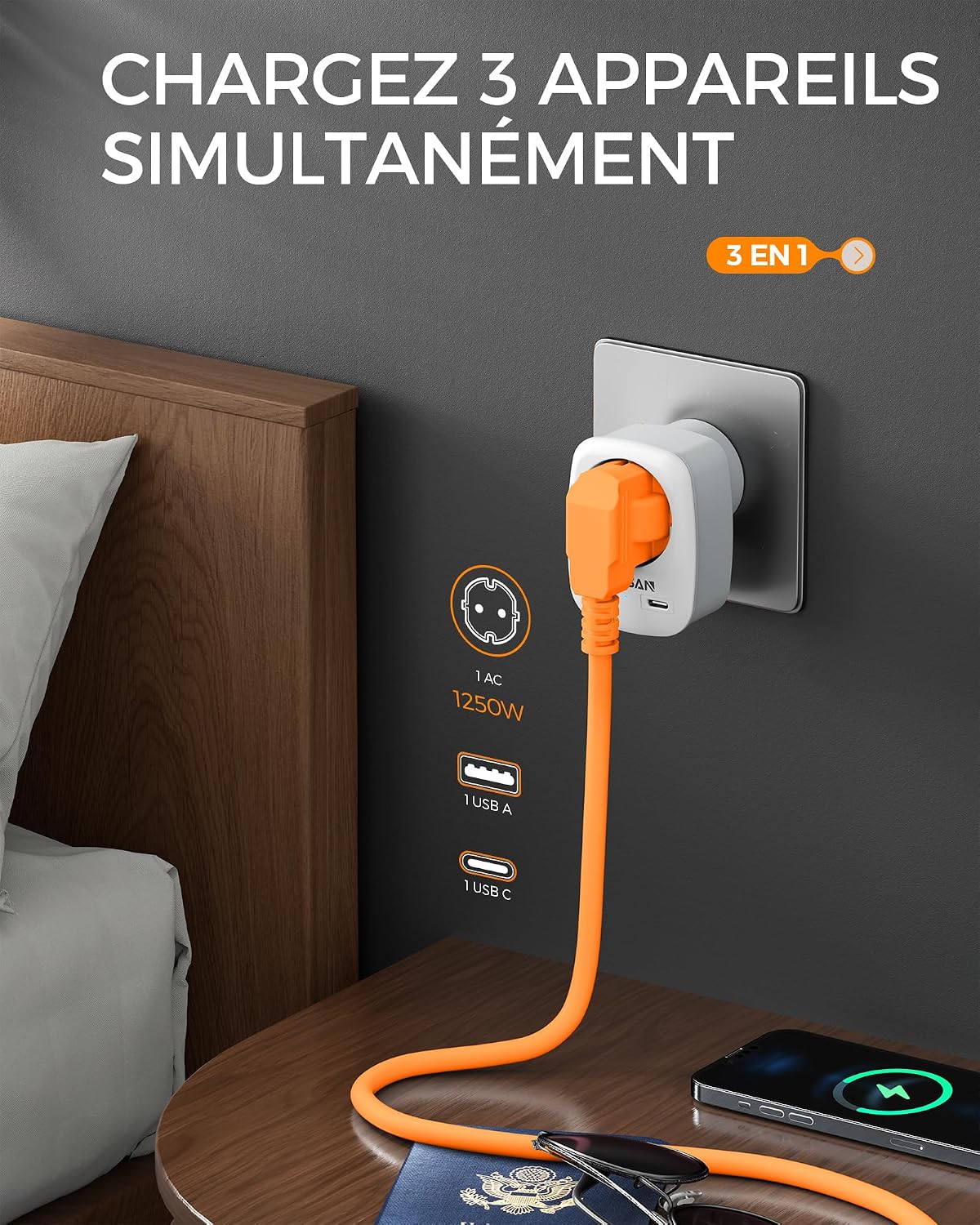 Detalle 2 de TESSAN Adaptateur prise France→USA 3‑en‑1 1250W 🔌