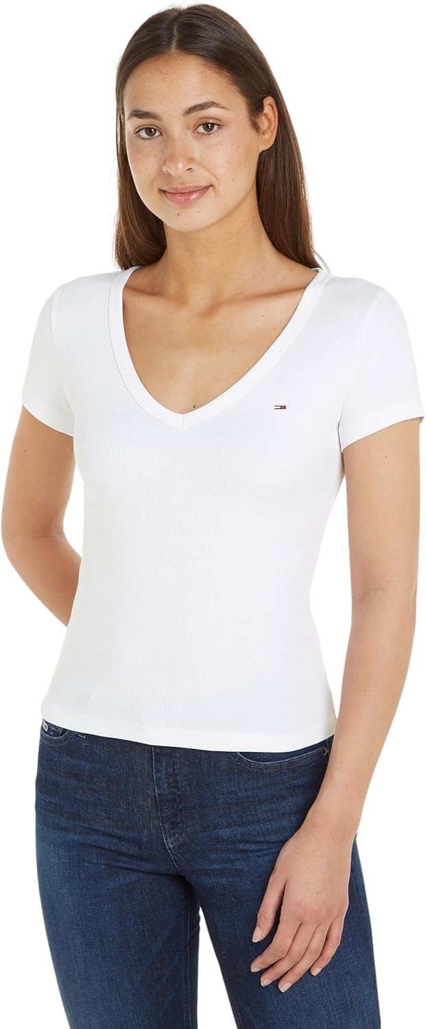 Detalle de Tommy Jeans T-Shirt Manches Courtes Femme Slim Col en V – coton régénératif et coupe ajustée