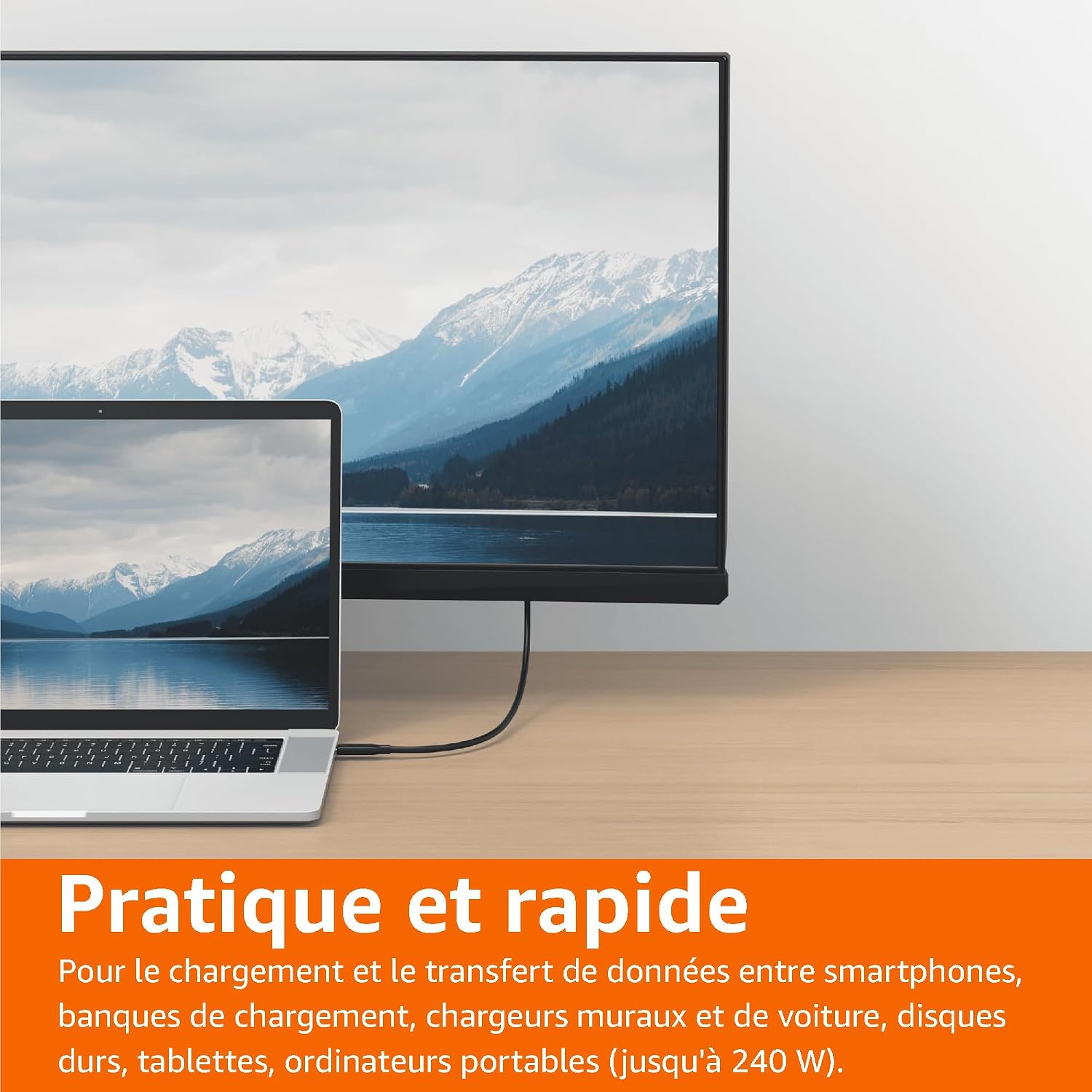Detalle de Amazon Basics Câble USB‑C vers USB‑C 4 (Thunderbolt 4/3) 240 W, données 40 Gbit/s, vidéo 8K, 1 m noir