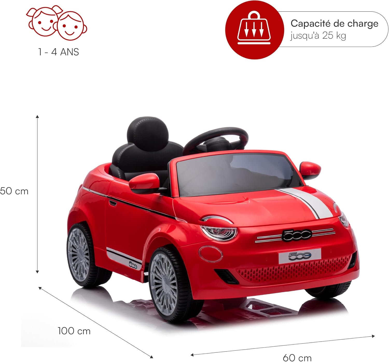Detalle de Baroni Toys Fiat 500 Voiture Électrique 12V pour Enfant (Rouge) — Télécommande Parentale, Sons et Lumières