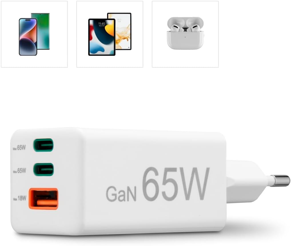 Detalle de Hama chargeur rapide 65W GaN (PD + QC 3.0) à 3 ports pour iPhone, Samsung et MacBook – Blanc