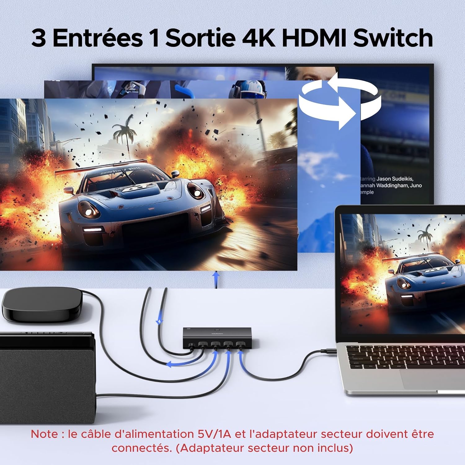 Detalle de UGREEN Switch HDMI 4K 60 Hz à 3 entrées / 1 sortie avec télécommande