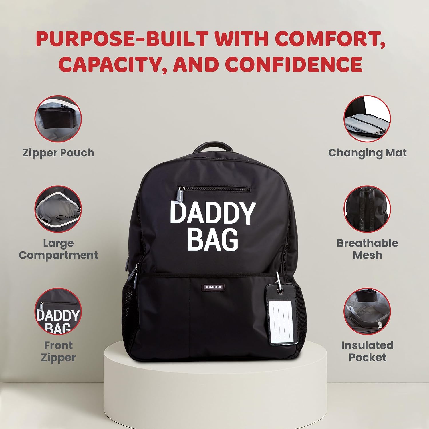 Detalle de CHILDHOME Sac À Dos À Lange – Sac Voyage 35 L Noir, grande contenance, design belge