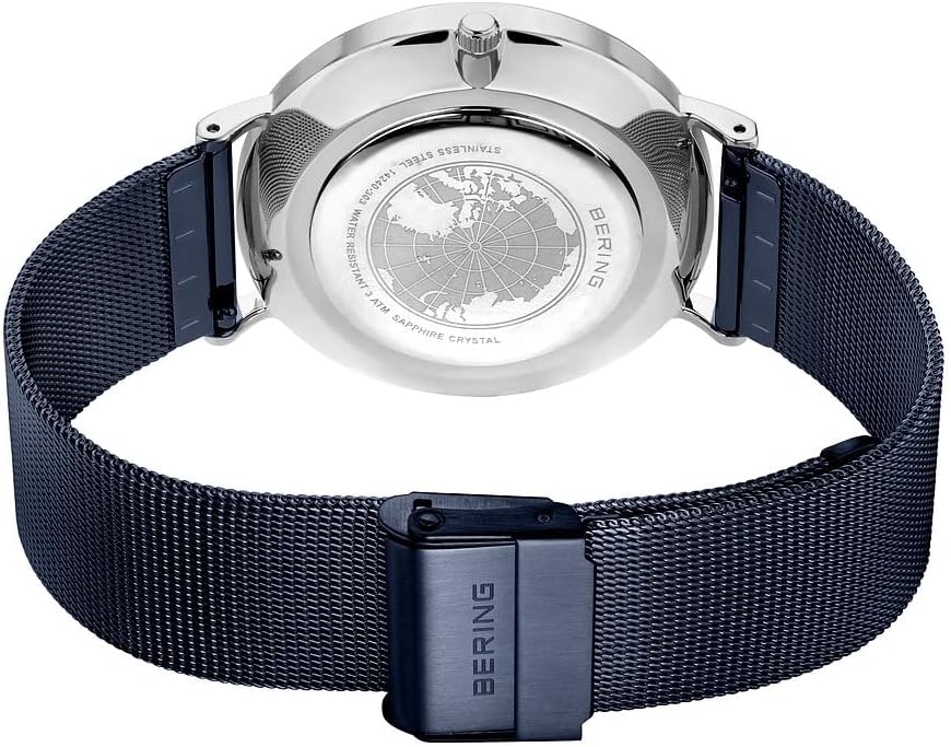 Detalle de BERING Montre Homme Quartz 40 mm – Boîtier argenté en acier inoxydable, cadran bleu, bracelet Milanese et cristal en sapphire