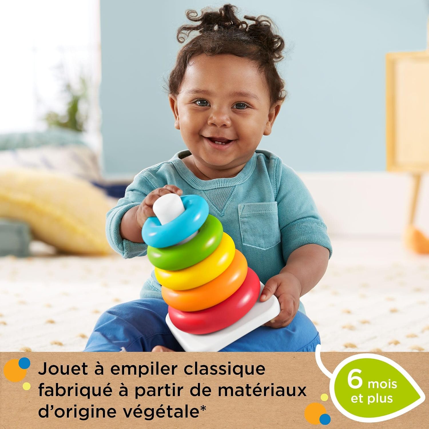 Detalle 2 de Fisher-Price HPY92 Jouet culbuto à empiler pyramide arc-en-ciel avec 5 anneaux colorés