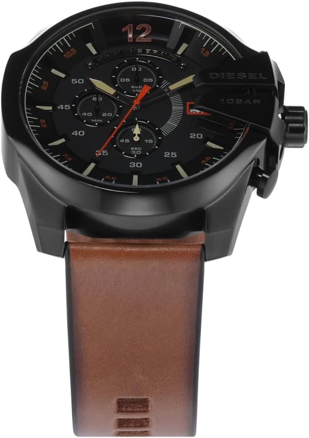 Detalle de Diesel Mega Chief Series – Montre homme chrono, boîtier 51 mm, cadran noir et bracelet cuir marron