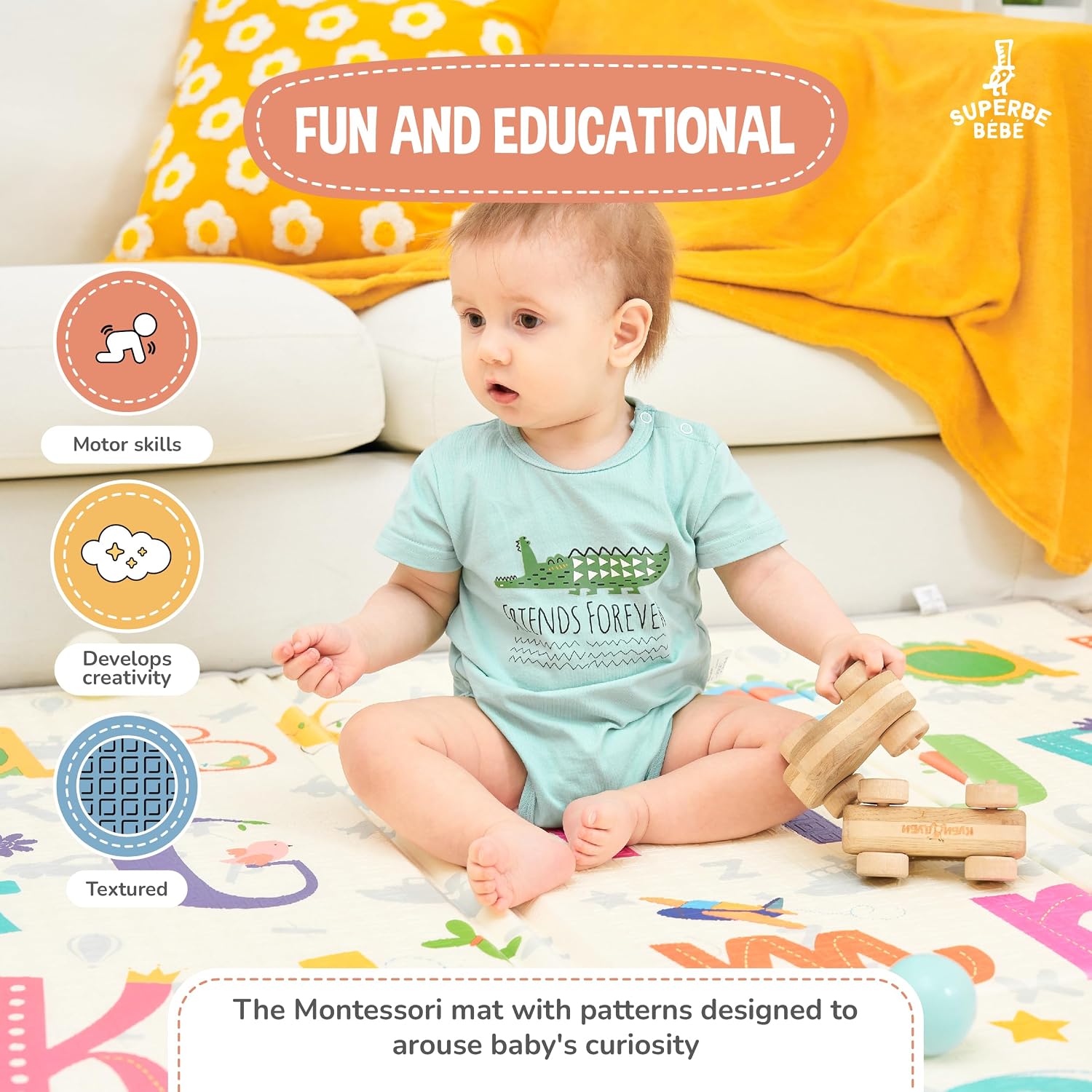 Detalle 2 de Tapis d'éveil bébé SUPERBE BEBE pliable épais réversible 150x180 cm — jeu d'éveil XXL en mousse