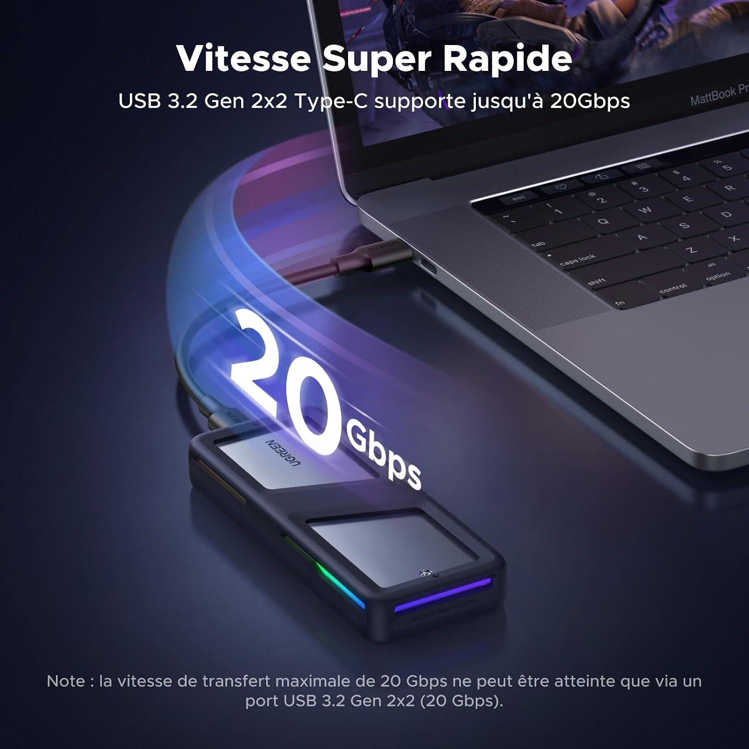 Detalle de UGREEN Boîtier RGB M.2 NVMe/SATA USB-C 3.2 Gen 2 (20 Gbps) pour SSD M.2