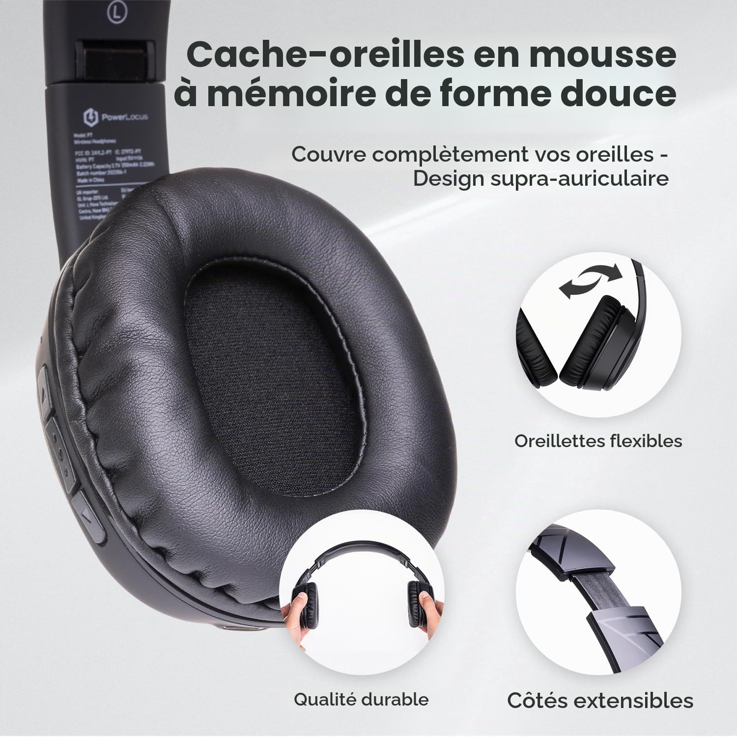 Detalle de PowerLocus Casque Bluetooth sans Fil – 60 Heures d’autonomie, micro, pliable et confort sur l’oreille