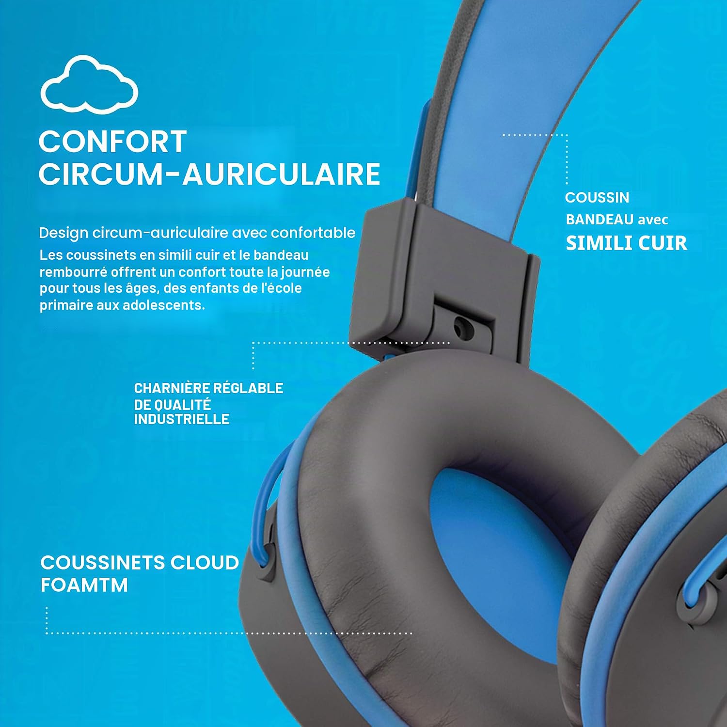 Detalle de JLab JBuddies Studio : casque audio enfant avec fil, limiteur de volume et micro (bleu)