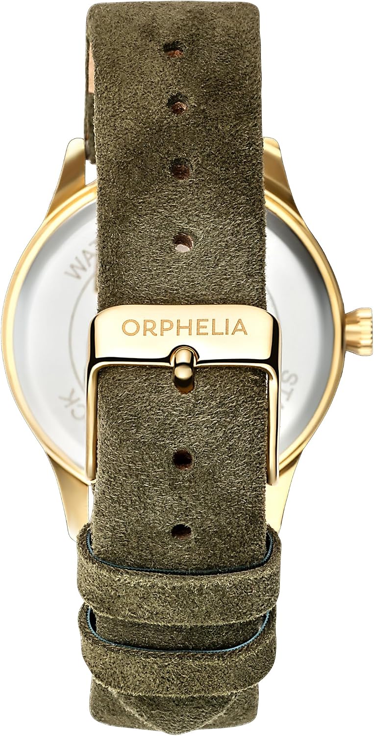 Detalle de Orphelia Fashion Montre Femme – Quartz – Analogique, Bracelet Cuir Daim Vert Doré