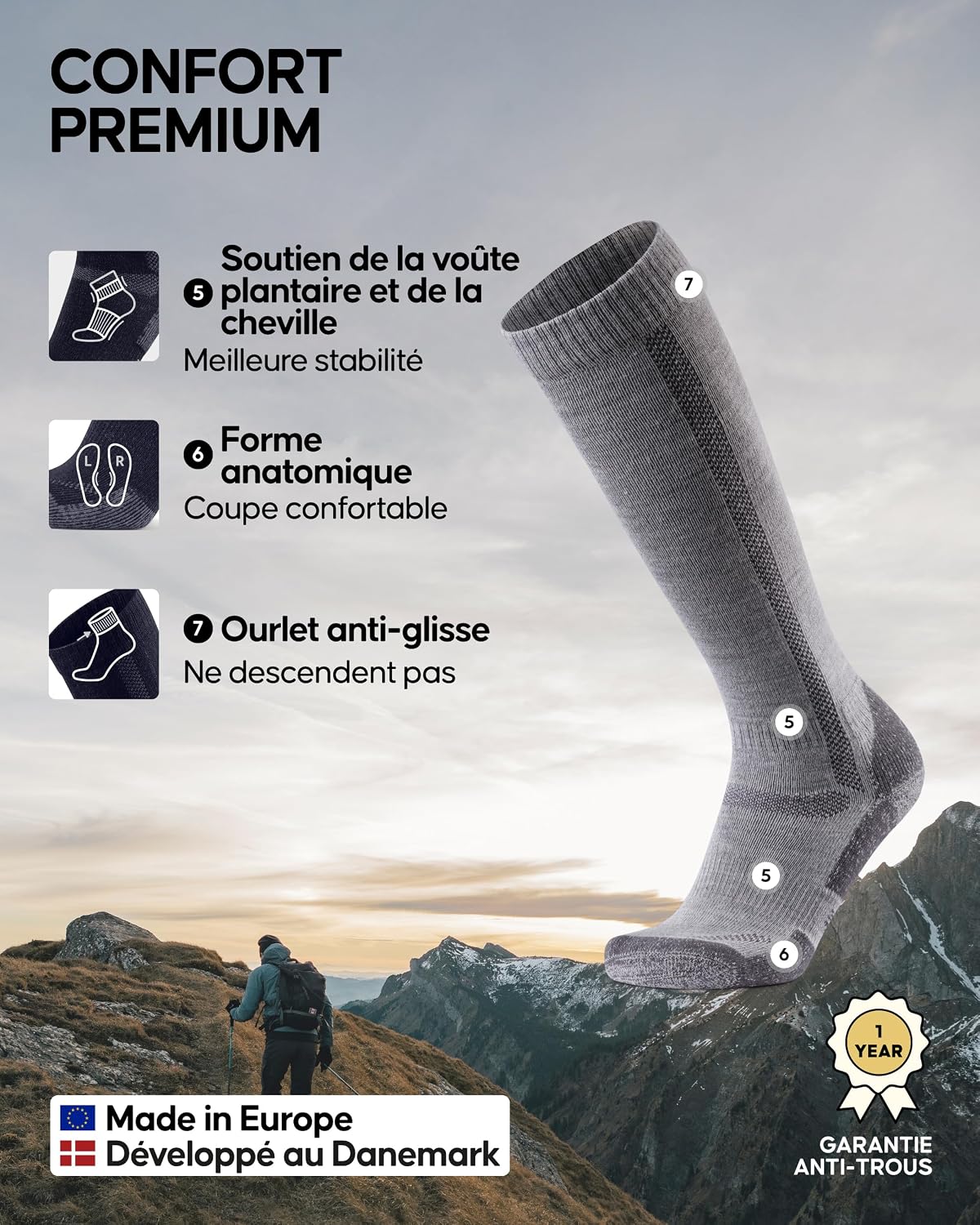 Detalle de DANISH ENDURANCE Chaussettes de Randonnée en Laine Mérinos montantes – confort thermique et rembourrage épais