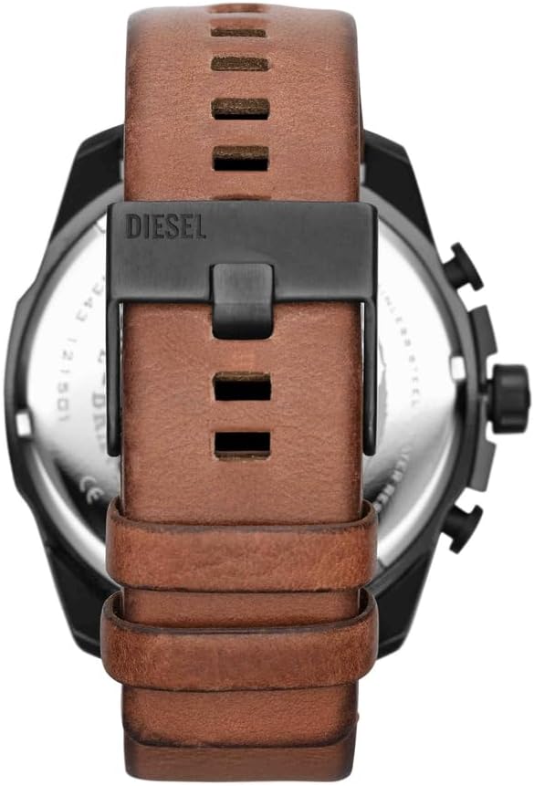 Detalle de Diesel Mega Chief Series – Montre homme chrono, boîtier 51 mm, cadran noir et bracelet cuir marron
