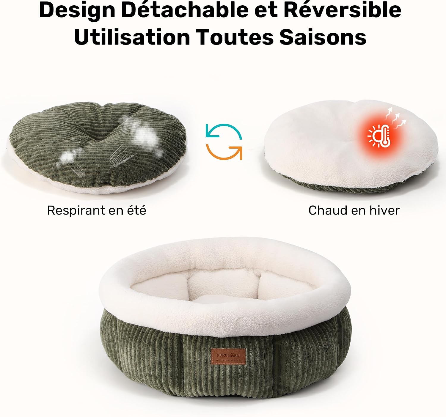 Detalle de FUKUMARU Lit pour Chat rond en cordon d’intérieur, lit lavable doux et confortable (vert)