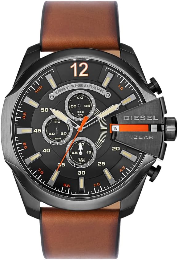 Detalle de Diesel Mega Chief Series – Montre homme chrono, boîtier 51 mm, cadran noir et bracelet cuir marron