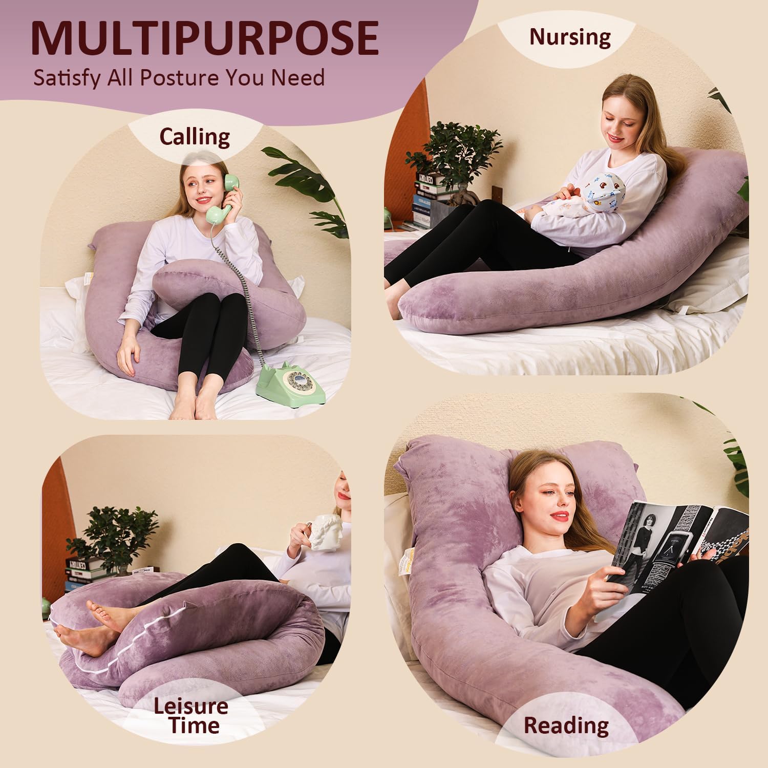 Detalle de Chilling Home Coussin de grossesse et d’allaitement en forme de U en velours amovible, Violet