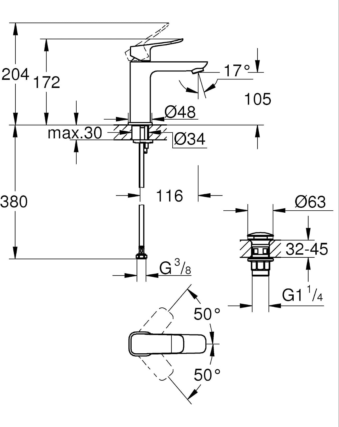 Detalle de GROHE Dice – Mitigeur Lavabo Monocommande Noir Mat, Taille M, avec QuickTool (1018332430)